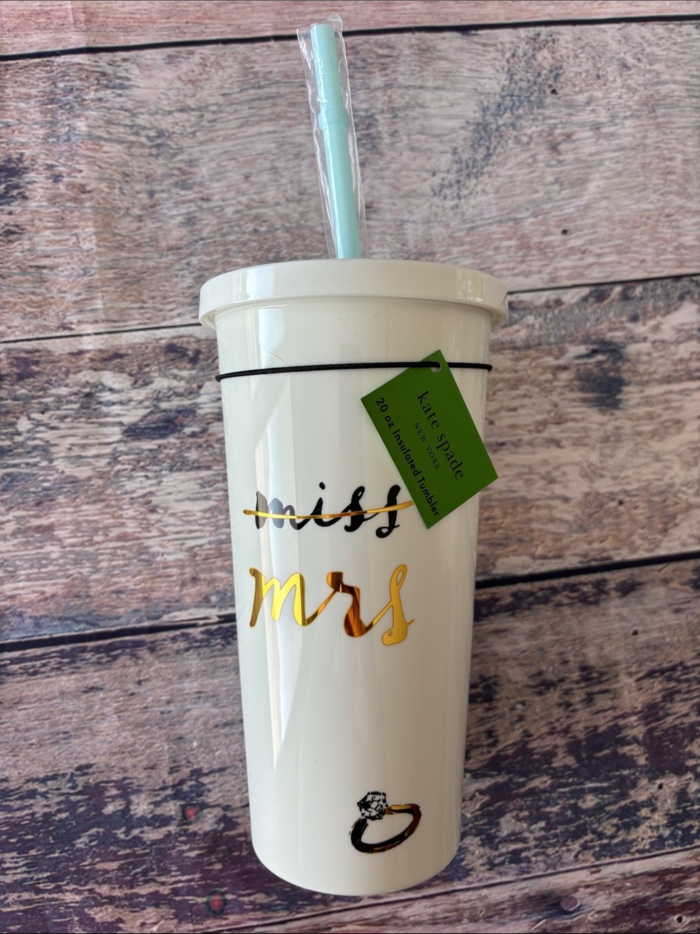 kate spade White Tumbler with Gold 'mrs' and Light Blue Straw